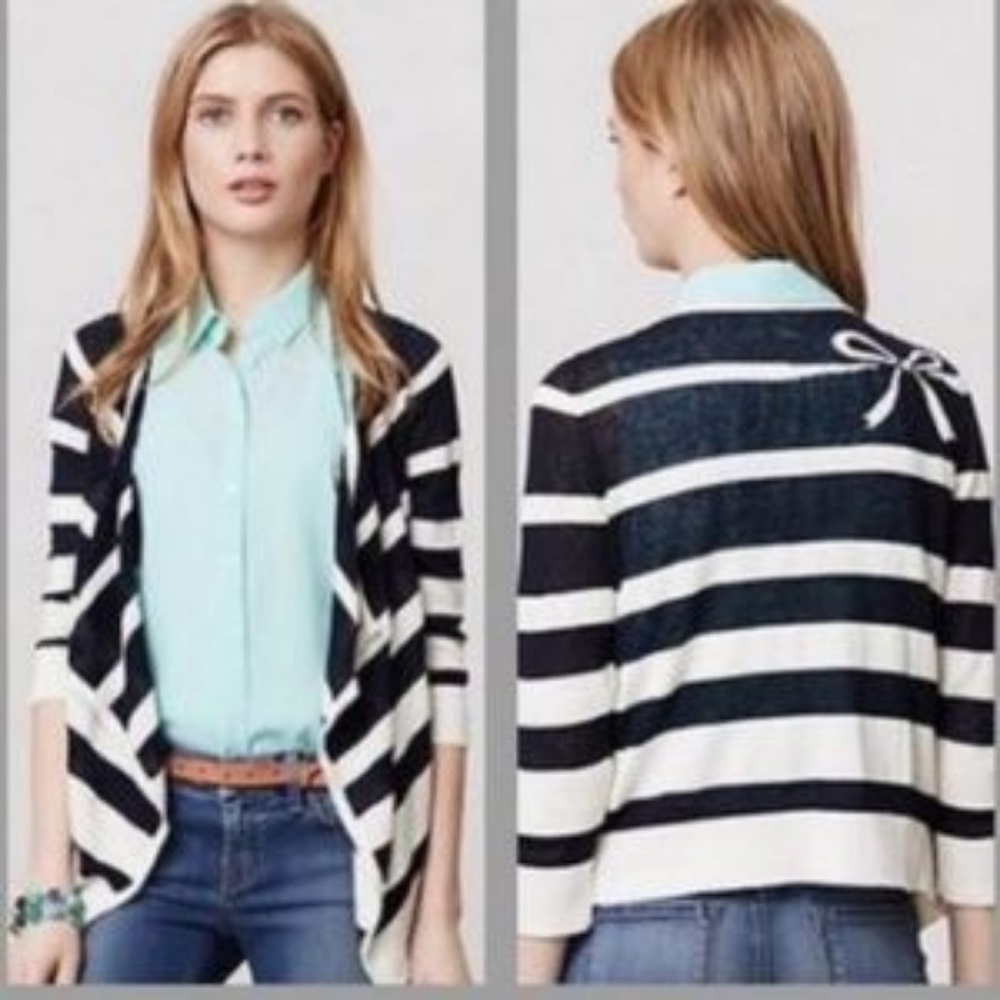Moth Navy Striped Bow Cardigan Sweater M